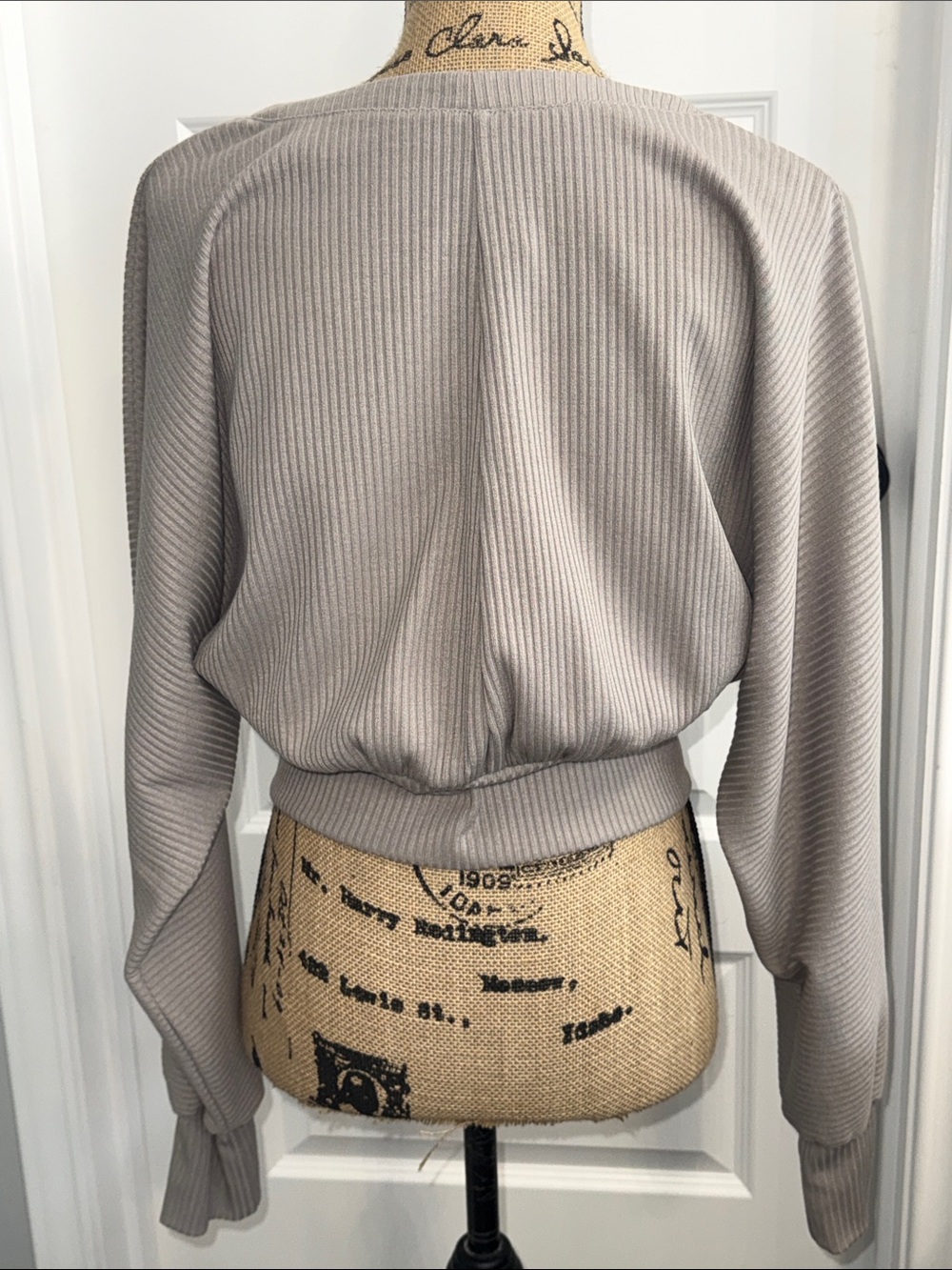 Sugarlips Cropped Ribbed Wrap V-Neck Sweater - Light Taupe - Picture 3 of 5